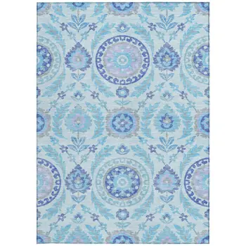 9' X 12' Sky Blue And Lavender Floral Washable Indoor Outdoor Area Rug
