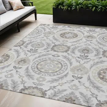 5' X 8' Silver Gray And Taupe Floral Washable Indoor Outdoor Area Rug