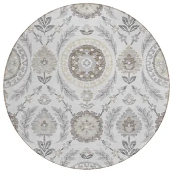 8' Silver Gray And Taupe Round Floral Washable Indoor Outdoor Area Rug