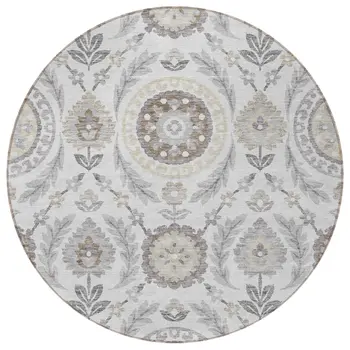 8' Silver Gray And Taupe Round Floral Washable Indoor Outdoor Area Rug