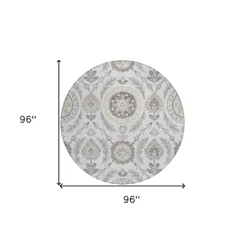 8' Silver Gray And Taupe Round Floral Washable Indoor Outdoor Area Rug