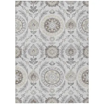 8' X 10' Silver Gray And Taupe Floral Washable Indoor Outdoor Area Rug