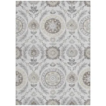 9' X 12' Silver Gray And Taupe Floral Washable Indoor Outdoor Area Rug