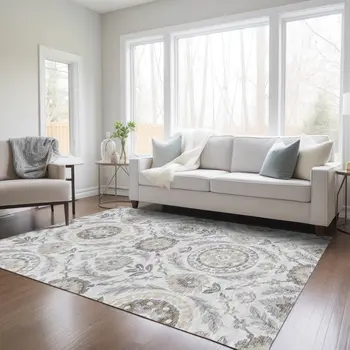 9' X 12' Silver Gray And Taupe Floral Washable Indoor Outdoor Area Rug