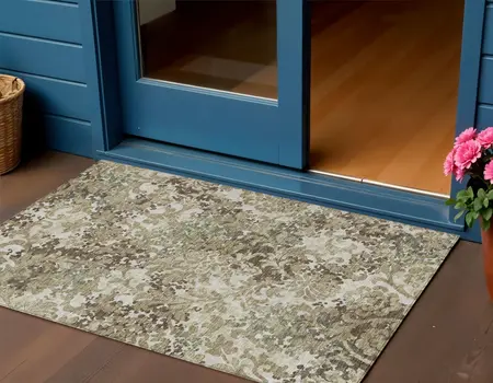 3' X 5' Beige Taupe And Brown Floral Washable Indoor Outdoor Area Rug