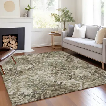3' X 5' Beige Taupe And Brown Floral Washable Indoor Outdoor Area Rug