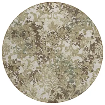 8' Beige Taupe And Brown Round Floral Washable Indoor Outdoor Area Rug
