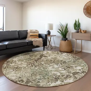 8' Beige Taupe And Brown Round Floral Washable Indoor Outdoor Area Rug