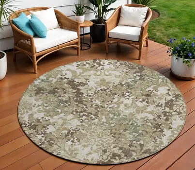 8' Beige Taupe And Brown Round Floral Washable Indoor Outdoor Area Rug