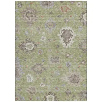 3' X 5' Artichoke Green And Beige Floral Washable Indoor Outdoor Area Rug
