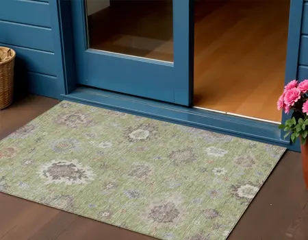3' X 5' Artichoke Green And Beige Floral Washable Indoor Outdoor Area Rug