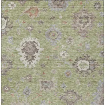 3' X 5' Artichoke Green And Beige Floral Washable Indoor Outdoor Area Rug