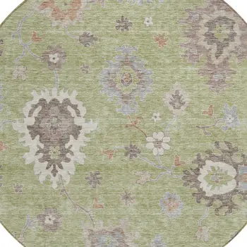 8' Artichoke Green And Beige Round Floral Washable Indoor Outdoor Area Rug