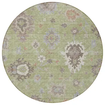 8' Artichoke Green And Beige Round Floral Washable Indoor Outdoor Area Rug