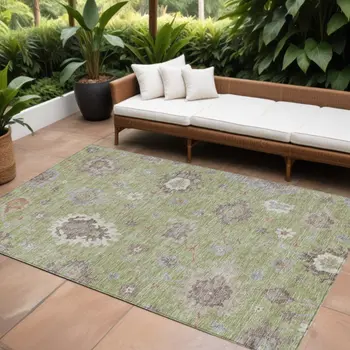 8' X 10' Artichoke Green And Beige Floral Washable Indoor Outdoor Area Rug