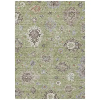 10' X 14' Artichoke Green And Beige Floral Washable Indoor Outdoor Area Rug