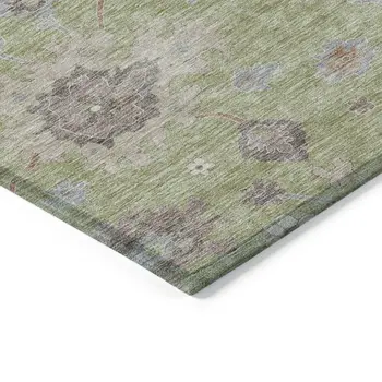 10' X 14' Artichoke Green And Beige Floral Washable Indoor Outdoor Area Rug