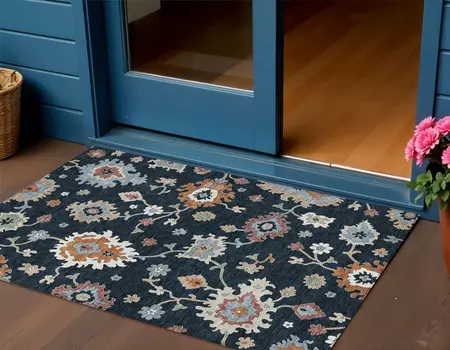 3' X 5' Black Blue And Ivory Floral Washable Indoor Outdoor Area Rug