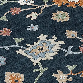 5' X 8' Black Blue And Ivory Floral Washable Indoor Outdoor Area Rug