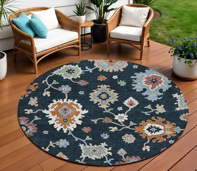 8' Black Blue And Ivory Round Floral Washable Indoor Outdoor Area Rug