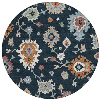 8' Black Blue And Ivory Round Floral Washable Indoor Outdoor Area Rug