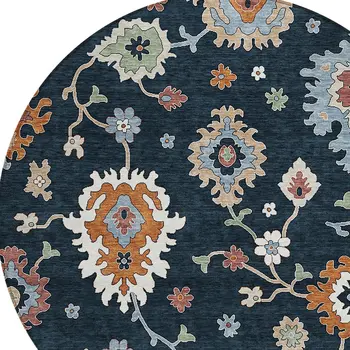 8' Black Blue And Ivory Round Floral Washable Indoor Outdoor Area Rug
