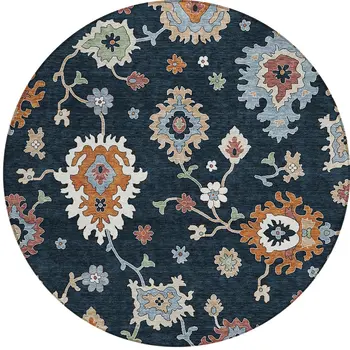 8' Black Blue And Ivory Round Floral Washable Indoor Outdoor Area Rug