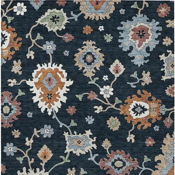 10' X 14' Black Blue And Ivory Floral Washable Indoor Outdoor Area Rug