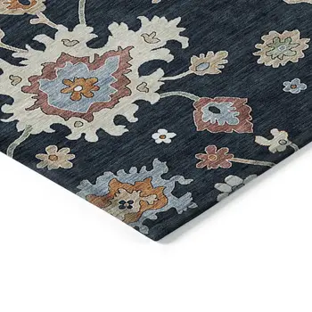 10' X 14' Black Blue And Ivory Floral Washable Indoor Outdoor Area Rug