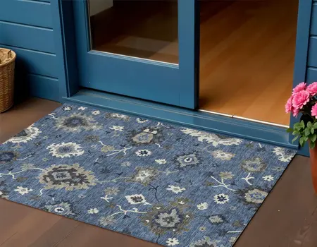 3' X 5' Blue Gray And White Floral Washable Indoor Outdoor Area Rug