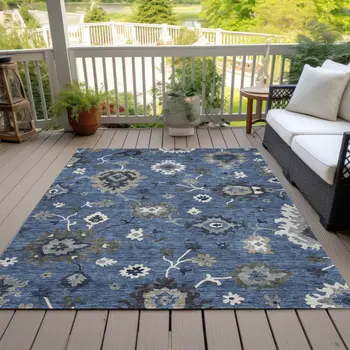 5' X 8' Blue Gray And White Floral Washable Indoor Outdoor Area Rug