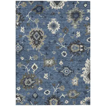 5' X 8' Blue Gray And White Floral Washable Indoor Outdoor Area Rug