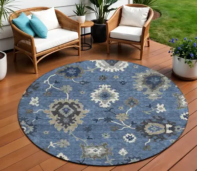8' Blue Gray And White Round Floral Washable Indoor Outdoor Area Rug