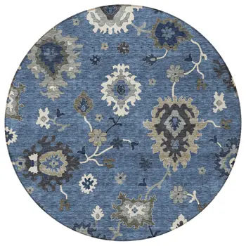 8' Blue Gray And White Round Floral Washable Indoor Outdoor Area Rug