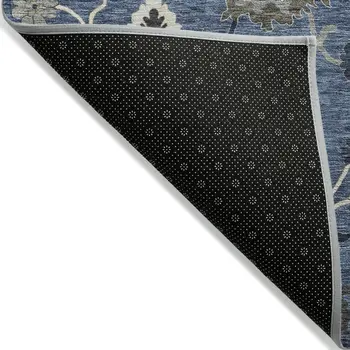 10' X 14' Blue Gray And White Floral Washable Indoor Outdoor Area Rug