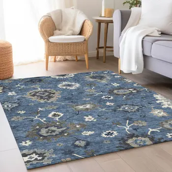 10' X 14' Blue Gray And White Floral Washable Indoor Outdoor Area Rug