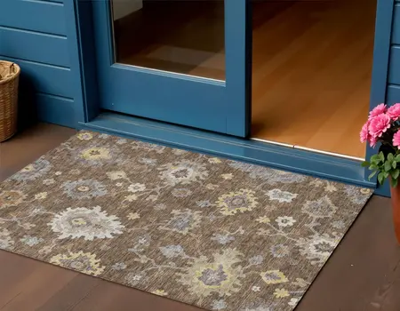 3' X 5' Chocolate Taupe And White Floral Washable Indoor Outdoor Area Rug