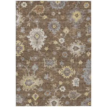 3' X 5' Chocolate Taupe And White Floral Washable Indoor Outdoor Area Rug