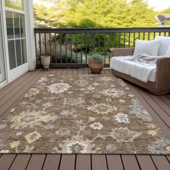 5' X 8' Chocolate Taupe And White Floral Washable Indoor Outdoor Area Rug