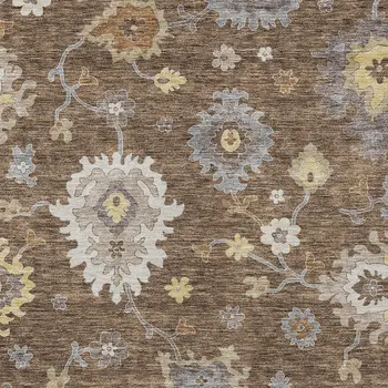 5' X 8' Chocolate Taupe And White Floral Washable Indoor Outdoor Area Rug