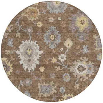 8' Chocolate Taupe And White Round Floral Washable Indoor Outdoor Area Rug