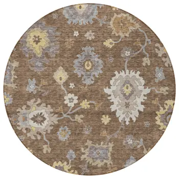 8' Chocolate Taupe And White Round Floral Washable Indoor Outdoor Area Rug