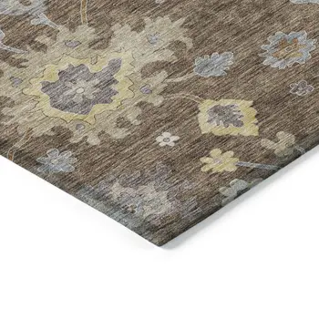 8' X 10' Chocolate Taupe And White Floral Washable Indoor Outdoor Area Rug