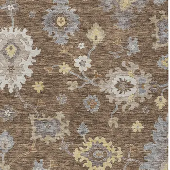 8' X 10' Chocolate Taupe And White Floral Washable Indoor Outdoor Area Rug