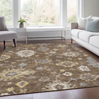 8' X 10' Chocolate Taupe And White Floral Washable Indoor Outdoor Area Rug