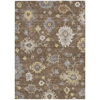 9' X 12' Chocolate Taupe And White Floral Washable Indoor Outdoor Area Rug