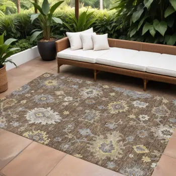 9' X 12' Chocolate Taupe And White Floral Washable Indoor Outdoor Area Rug