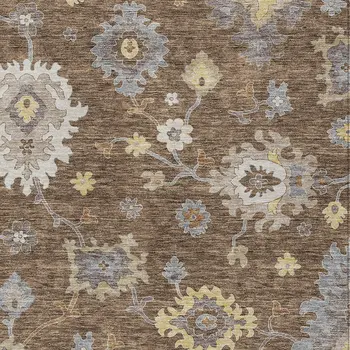10' X 14' Chocolate Taupe And White Floral Washable Indoor Outdoor Area Rug