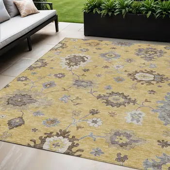 5' X 8' Gold Ivory And Brown Floral Washable Indoor Outdoor Area Rug