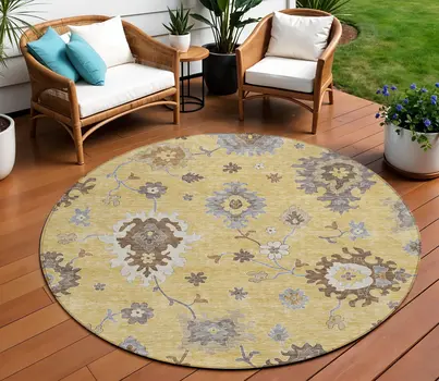 8' Gold Ivory And Brown Round Floral Washable Indoor Outdoor Area Rug